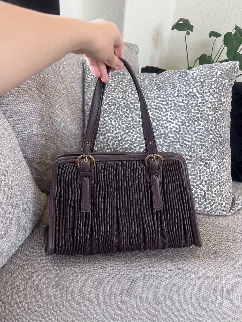 Bottega Veneta Dark Brown Leather Intrecciato Nappa Pleated Shoulder Bag